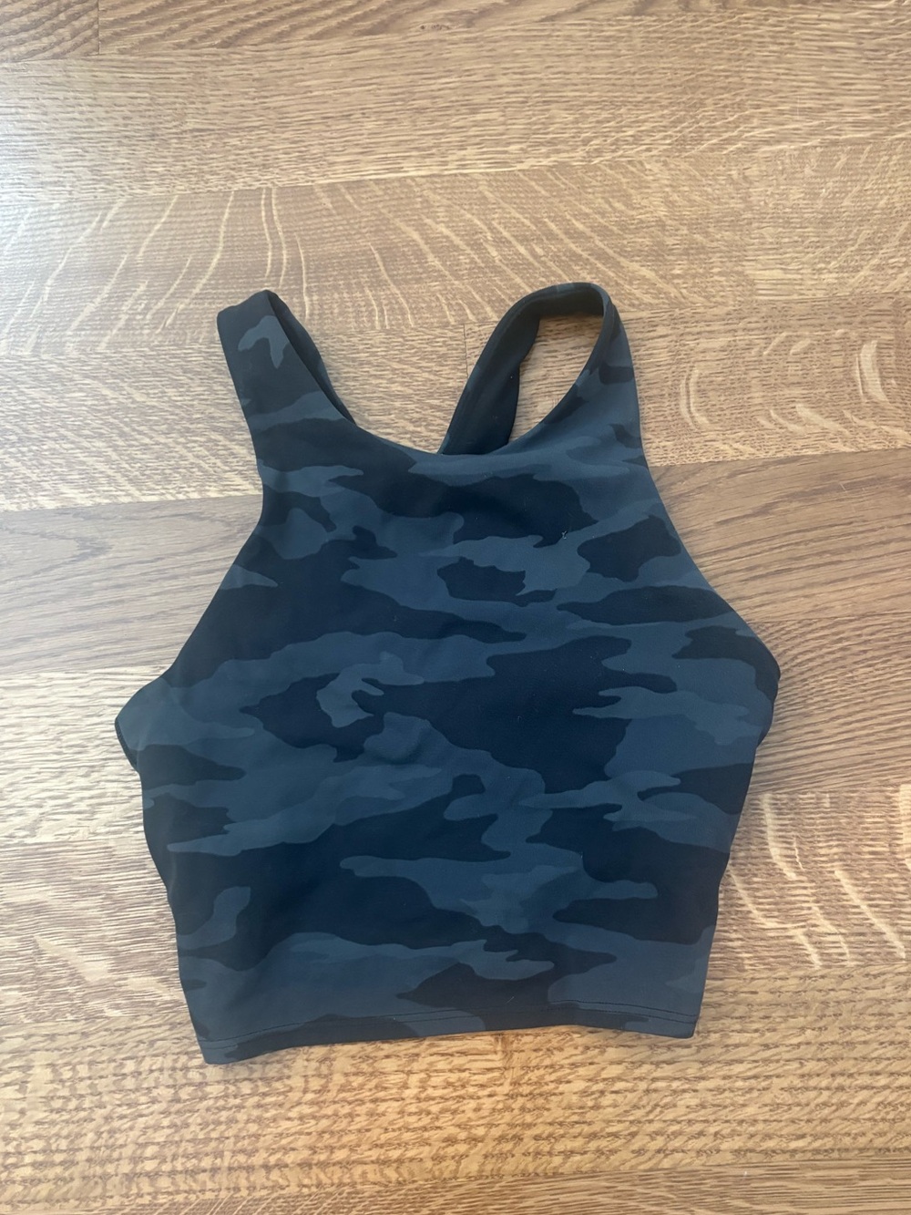 Athleta Black & Charcoal Camo High-Neck Crop Top